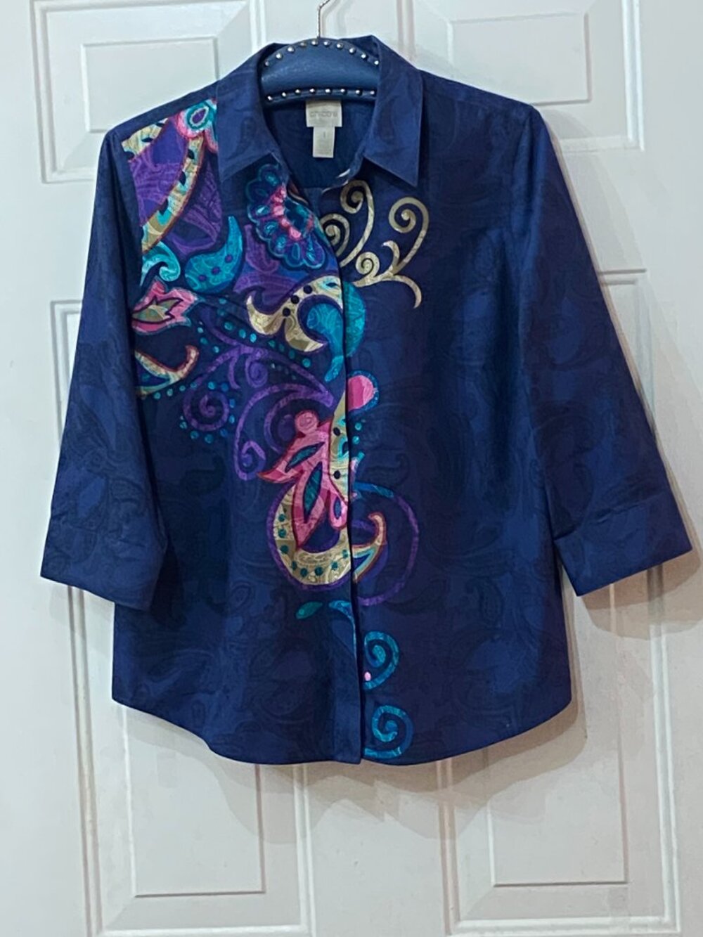 Chicos No-Iron Sz 1 (M) Blouse Button Shirt 3/4 Sleeve Navy Blue/Multi Paisley